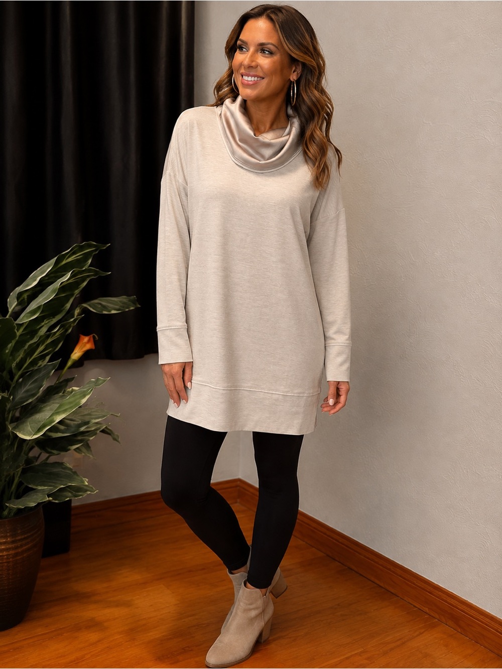 White House Black Market XS Cowl Neck Tunic Top Satin Trim Side Zip